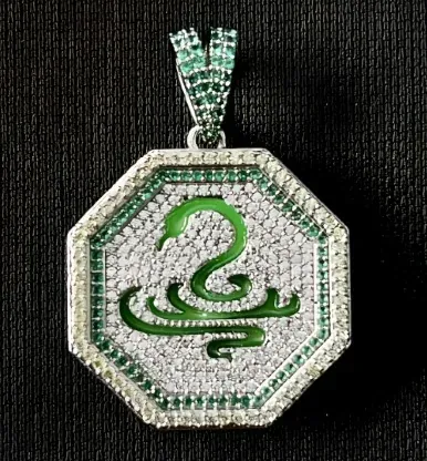 Custom Medallion Pendant in green and silver tone with clear stones