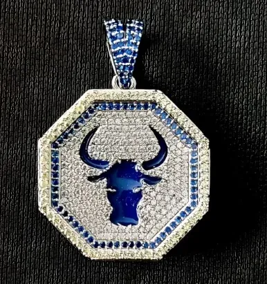 Custom Medallion Pendant in blue and silver tone with clear stones