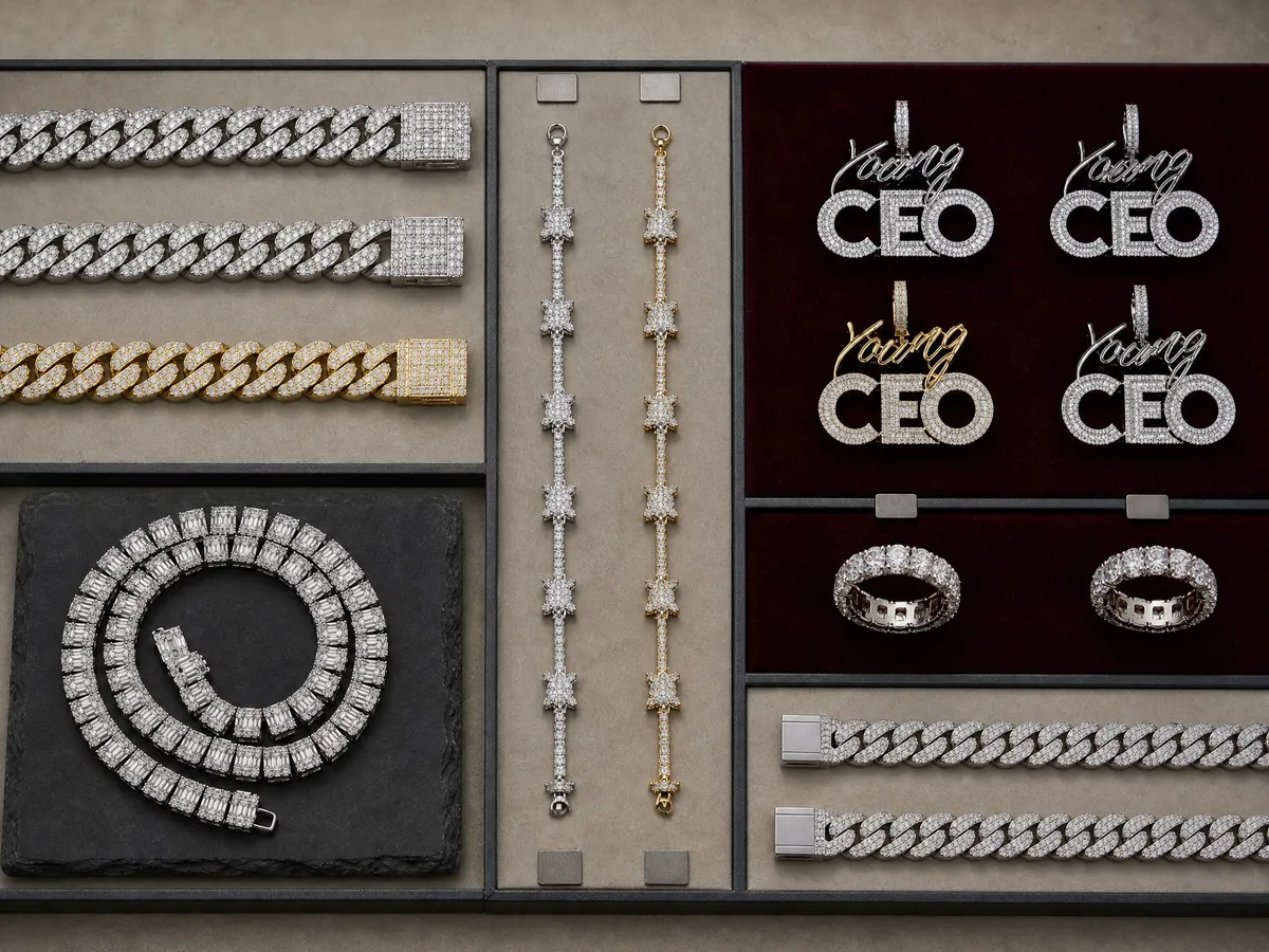 Silver-plated, platinum-tone and gold-plated jewelry category, finish and packaging sample board