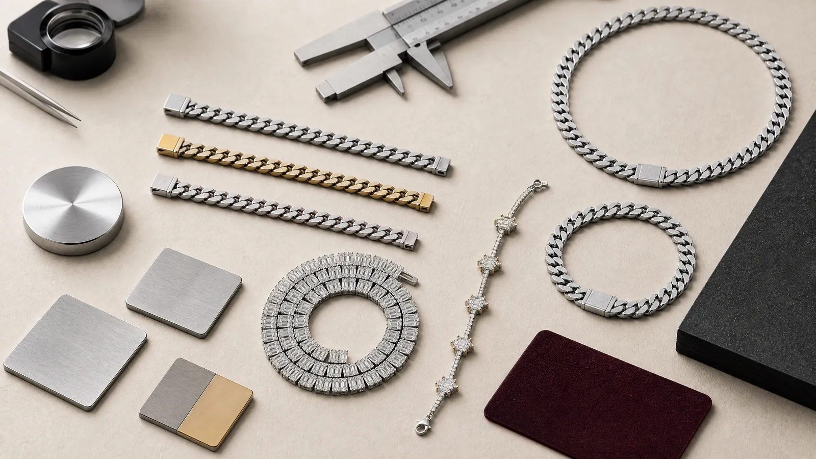 Stainless steel, brass and PVD gold jewelry material and finish samples
