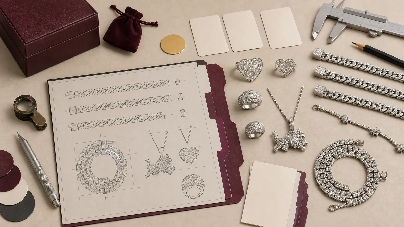 Custom jewelry project brief with design reference, material, finish and packaging notes