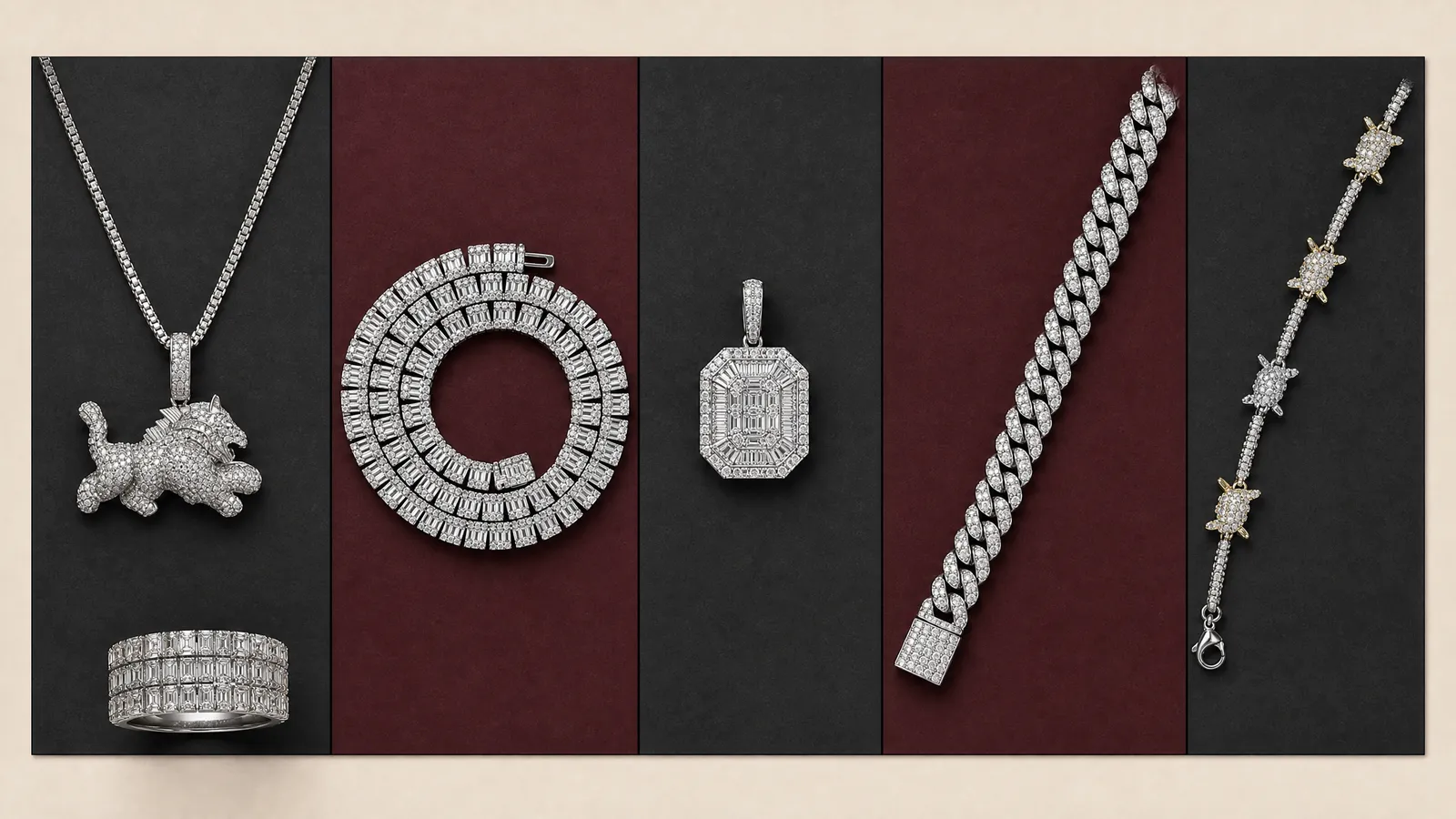 Custom jewelry product categories including necklaces, pendants, earrings, bracelets and rings