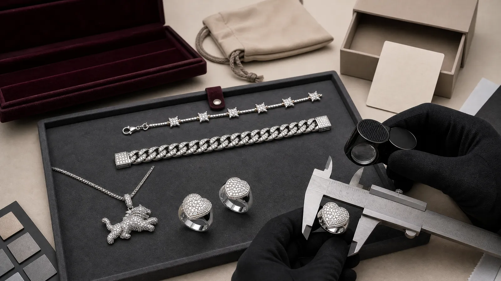 Final inspection of private label jewelry with branded packaging before shipment