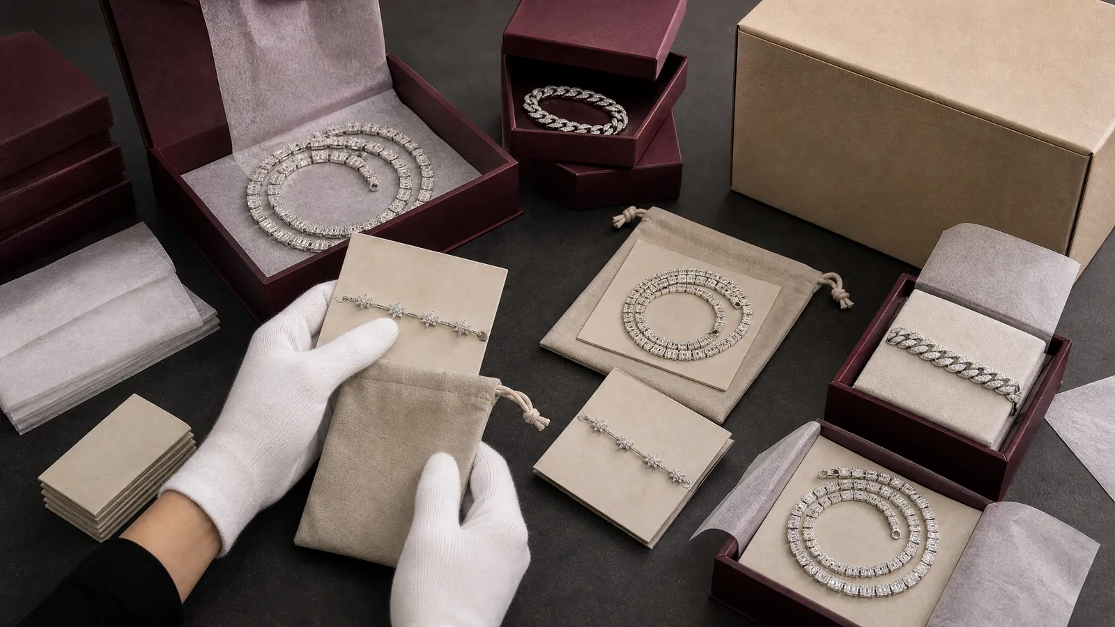 Custom jewelry packaging with branded jewelry cards, pouch and box